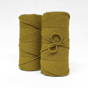 two rolls of braided cotton cord in colour-way chartreuse stnading side by side on slight angle with white back drop