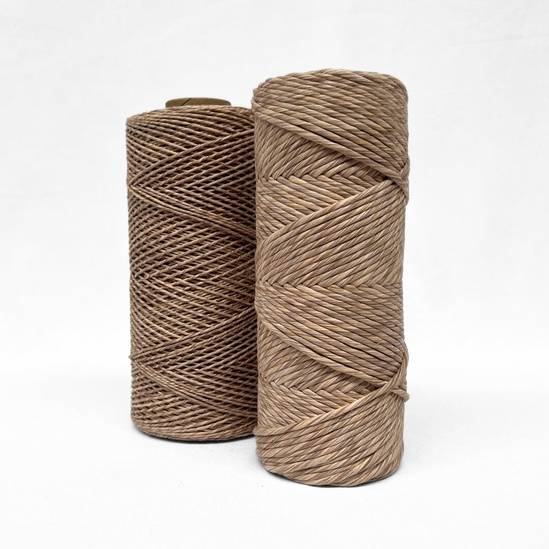 cookie dough warm brown multicoloured recycled string 1.5mm and 4mm roll standing side by side showing size difference on white background