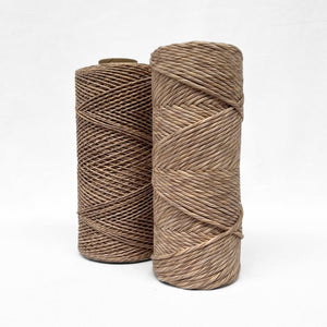 cookie dough warm brown multicoloured recycled string 1.5mm and 4mm roll standing side by side showing size difference on white background