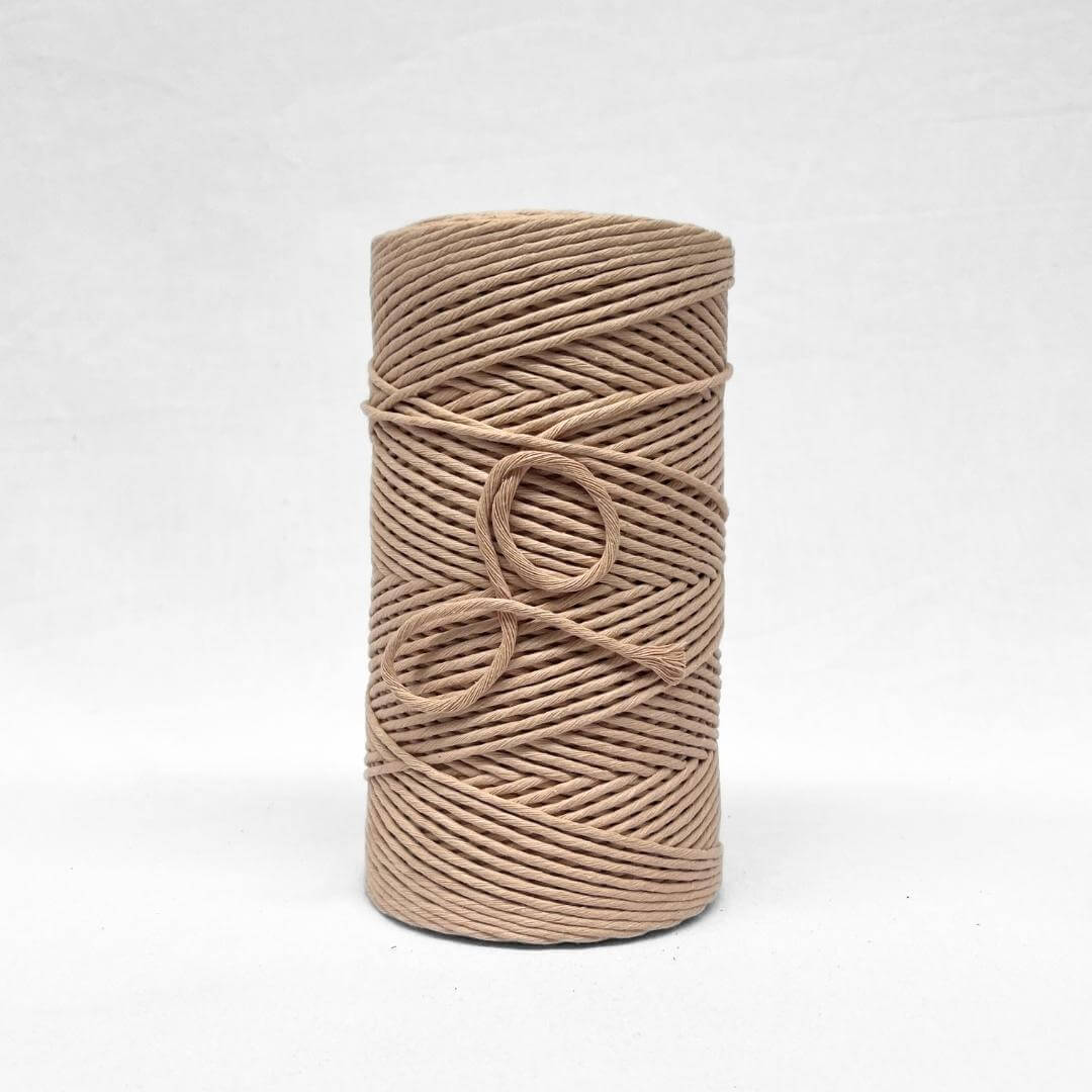 3mm macrame string in soft stone brown on white wall