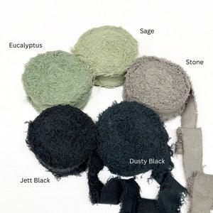 sage green grey black muted green frizz ribbon rolls in group photo on white background