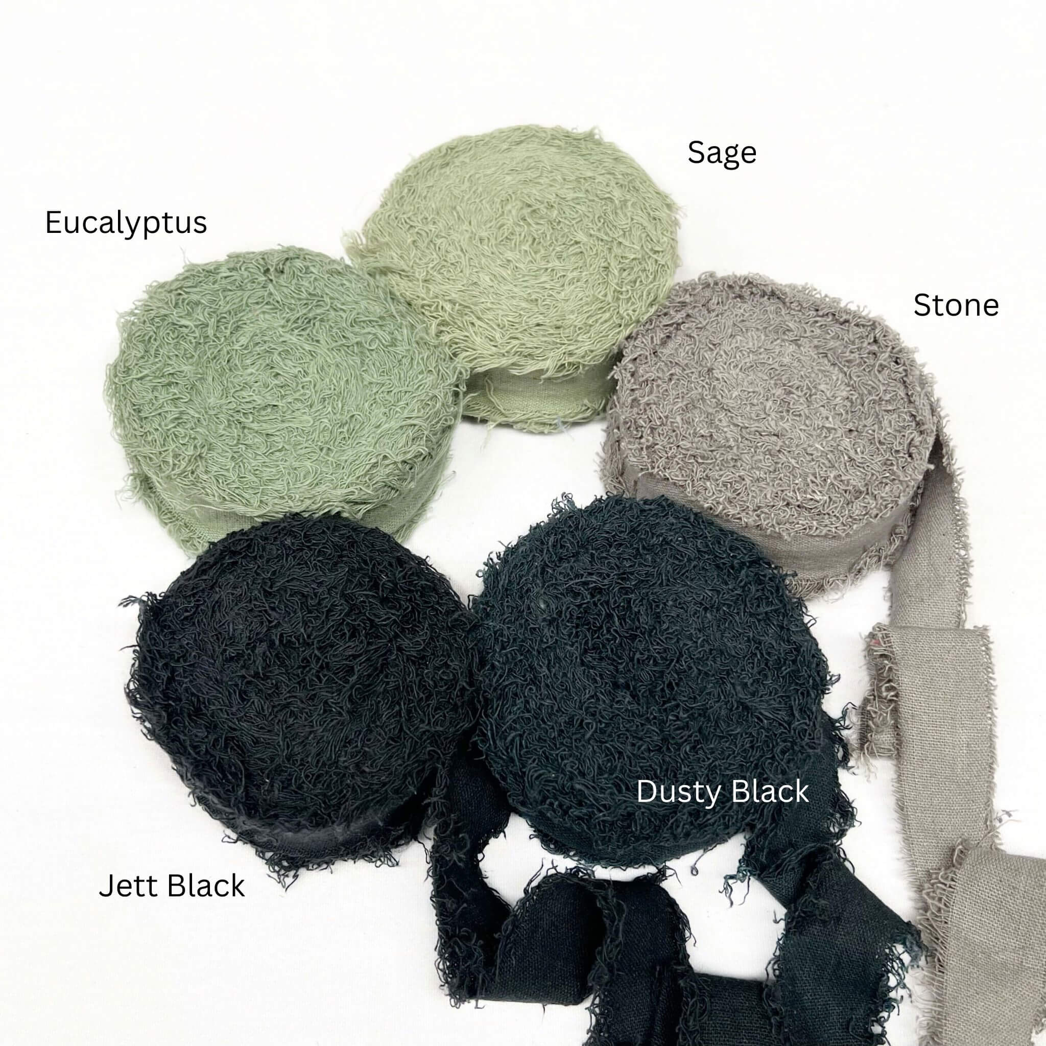 sage green grey black muted green frizz ribbon rolls in group photo on white background