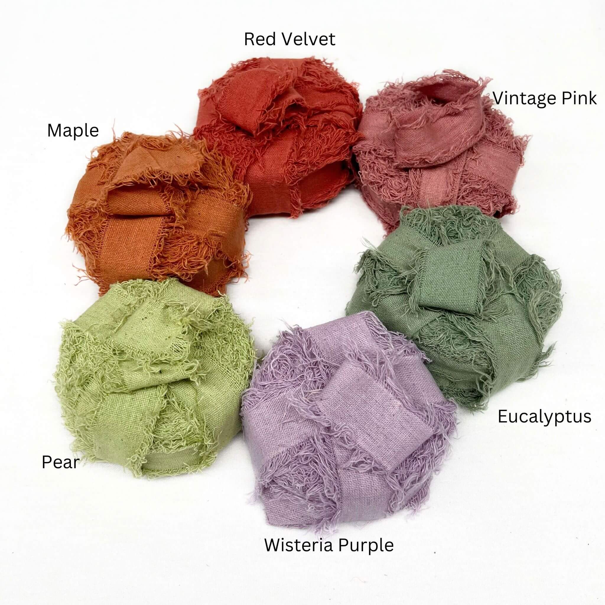 bright red vintage pink green purple pear maple frizz ribbon combination photo showing texture up close