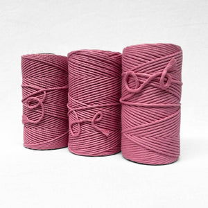 combination image if three rolls in musk pink each rolls a different type of cord including 3mm string 5mm string and4mm 3ply rope on white background