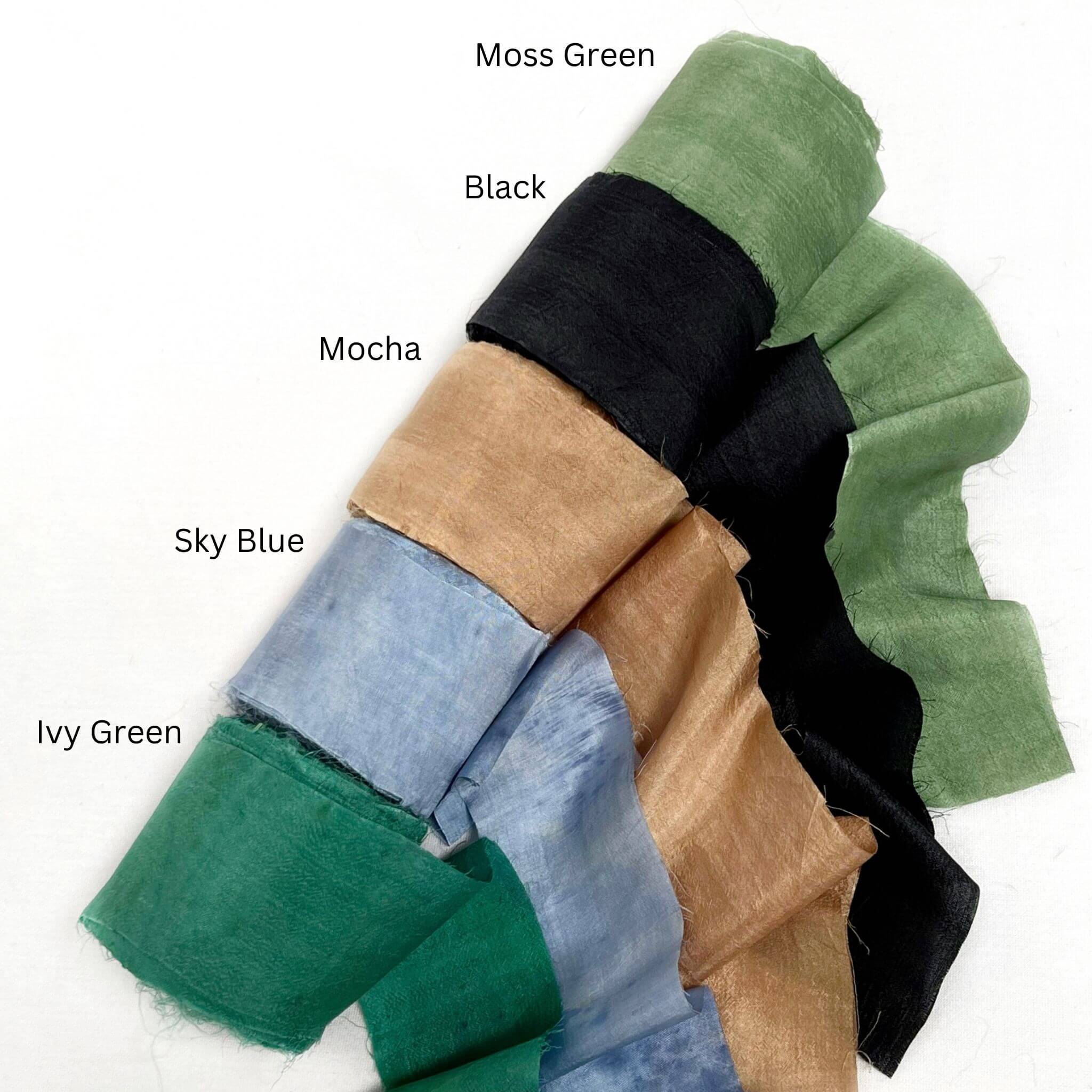 moss green black mocha brown sky blue ivy green silk for florists group photo on white background
