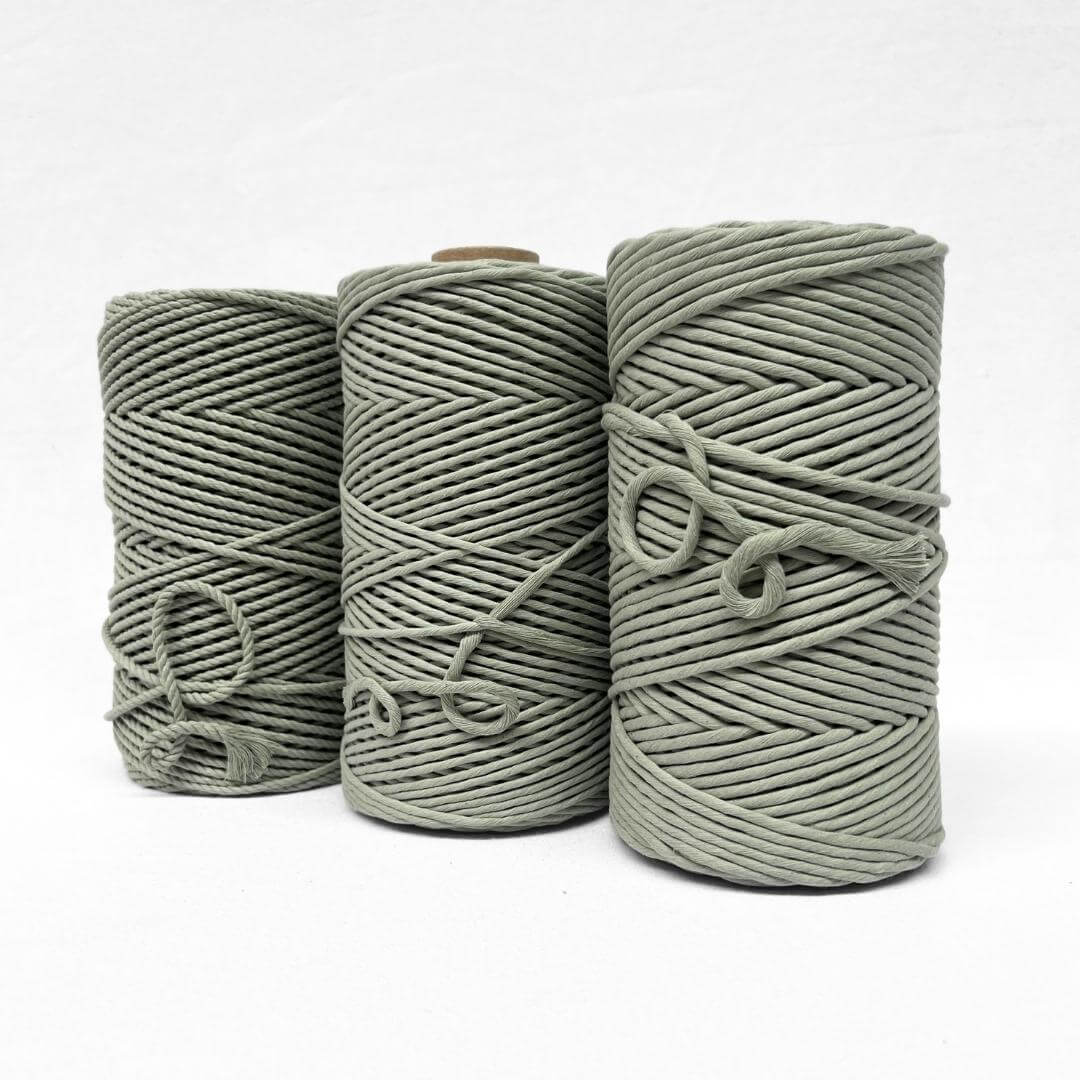 sage green 4mm 3ply cotton recycled macrame cord standing upright on white background