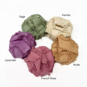 sage green vanilla nude rose vibrant purple cotton frizz ribbon group image on white background