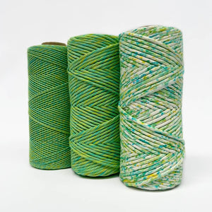 Comparison image showing circus colour way on mixed macrame string and matching confetti string on white background