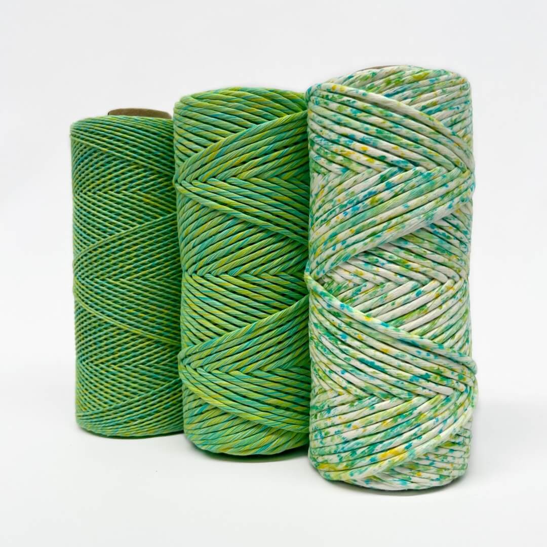 Comparison image showing circus colour way on mixed macrame string and matching confetti string on white background