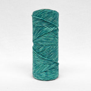 single roll of 4m mixed macrame string in blue and green bright colour way standing on white background