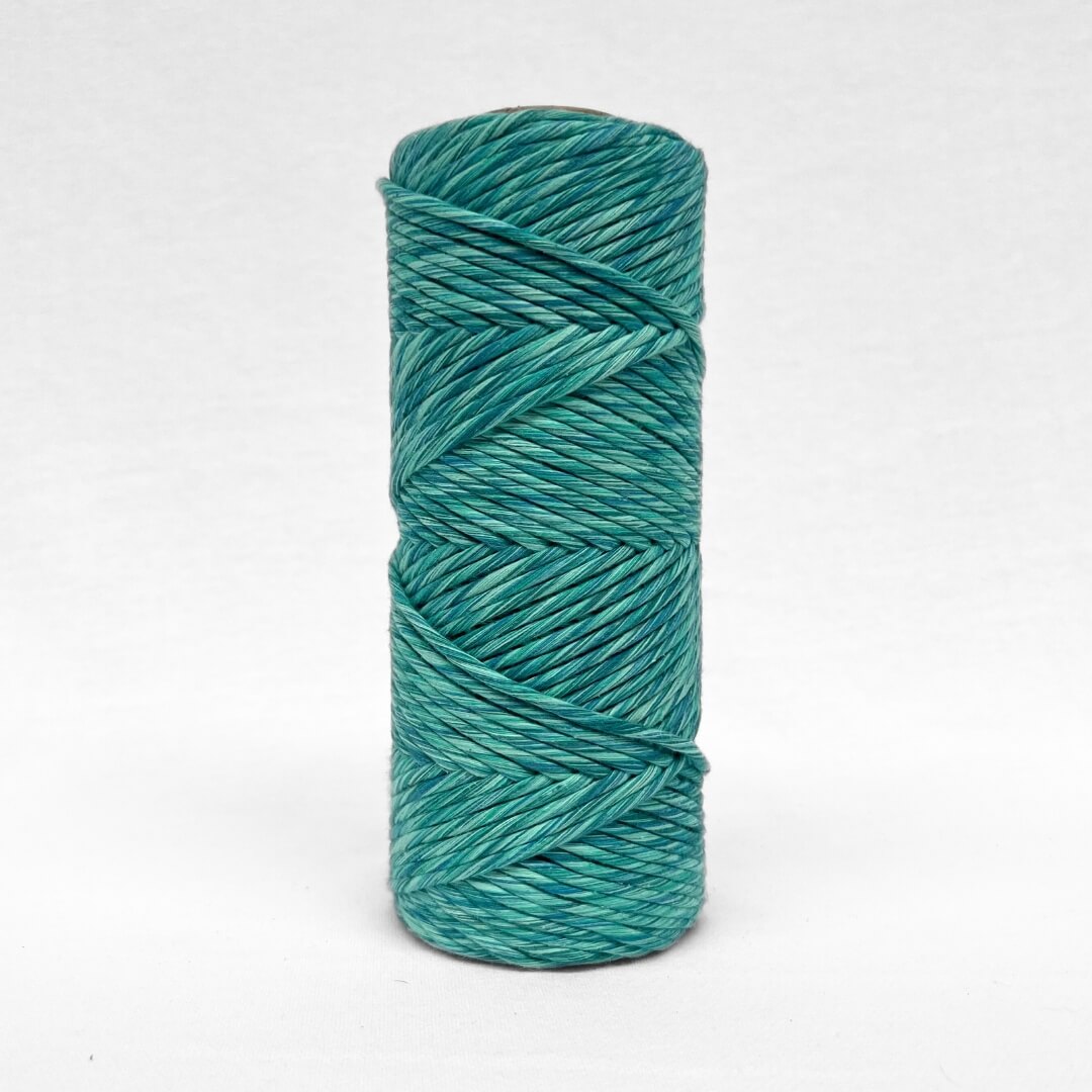 single roll of 4m mixed macrame string in blue and green bright colour way standing on white background