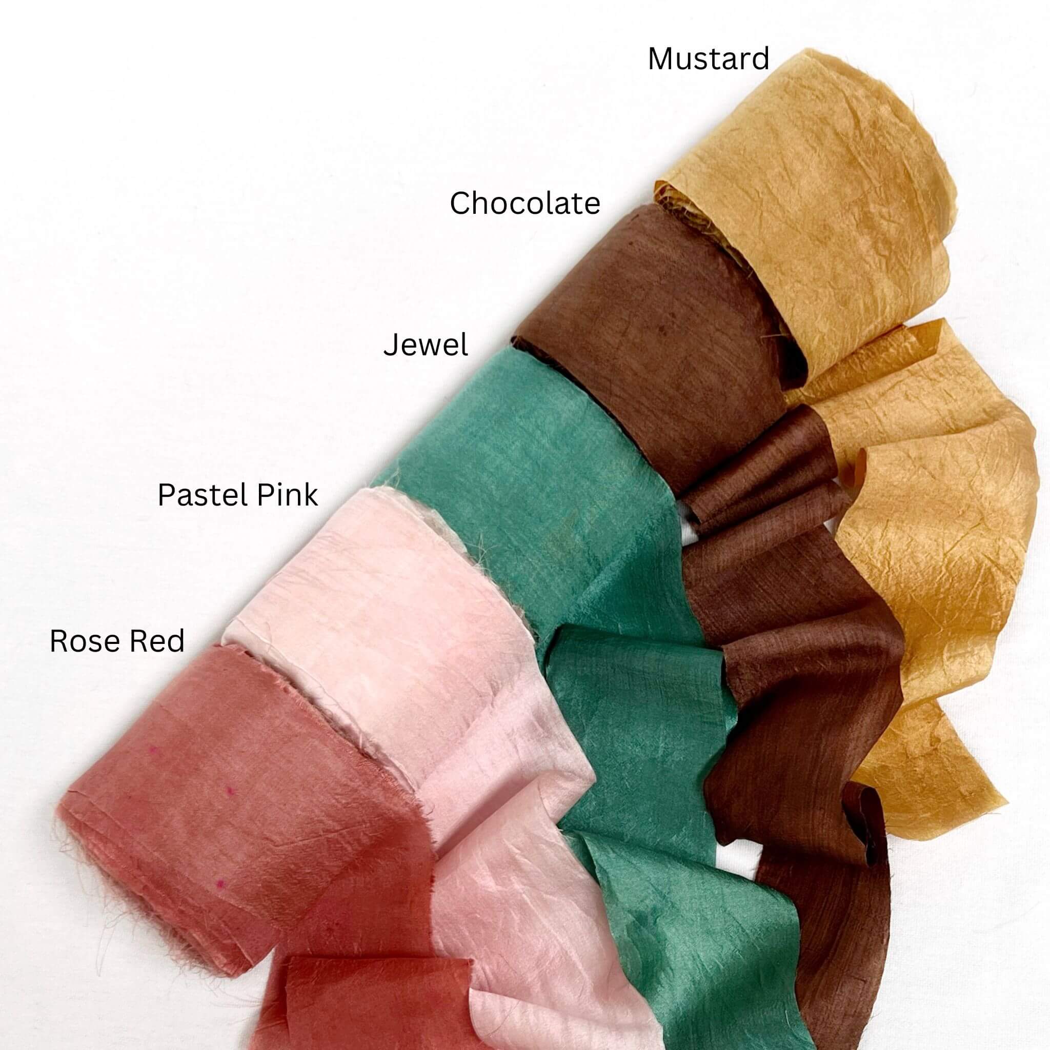 mustard chocolate dark brown jewel deep green pastel pink rose red wide silk ribbon diy craft weaving supplies on white background