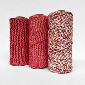 combination photo with three rolls demonstrating the three variations of the sunburst colour way including 1.5mm string 4mmm string and confetti string on white background