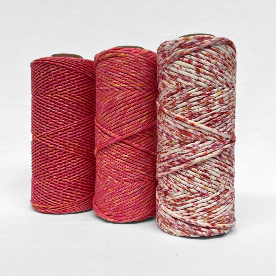 combination photo with three rolls demonstrating the three variations of the sunburst colour way including 1.5mm string 4mmm string and confetti string on white background