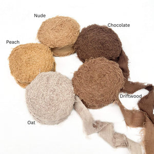 nude dark brown soft brown oat peach frizz ribbon family photo on white back drop