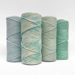 blue frost ocean spray mint and spring green macrame string on white background