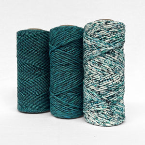 combination photo showing different versions of aura blue 1.5mm mixed 4mm mixed and 4mm confetti cotton string standing next to each other on white background