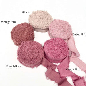 blush ballet pink vibrant pink pink rose vintage pink five colour group photo of cotton frizz ribbon luxury weaving supplies on white back drop