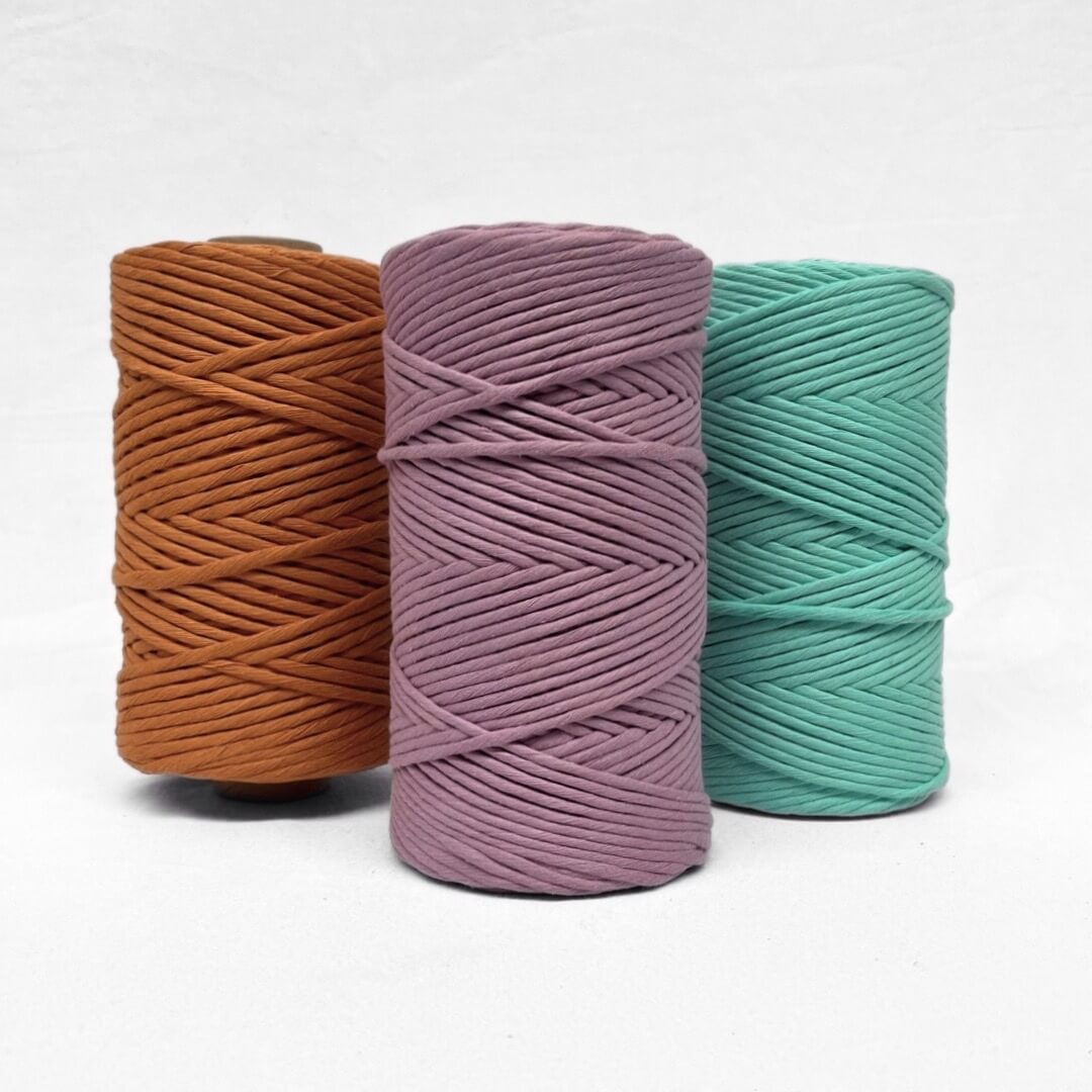 colour combination photo of 5mm string for macrame inn caramel mauve and neon green with white background