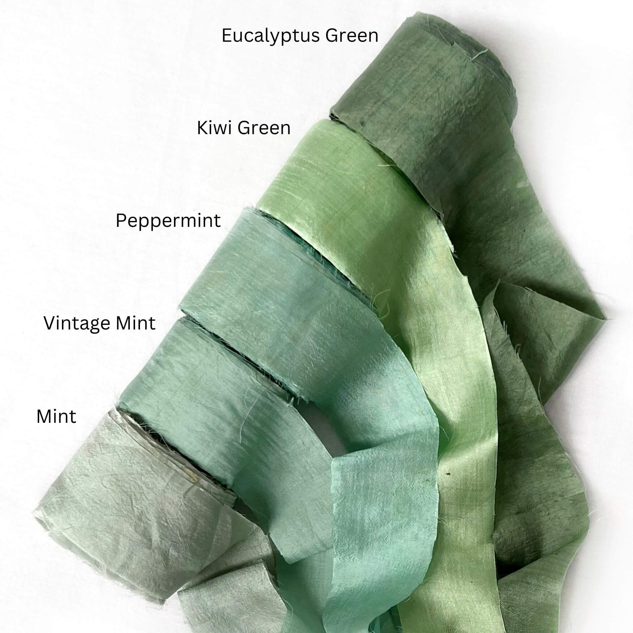 eucalyptus green vibrant green peppermint vintage mint muted green silk ribbon for weaving group photo on white background