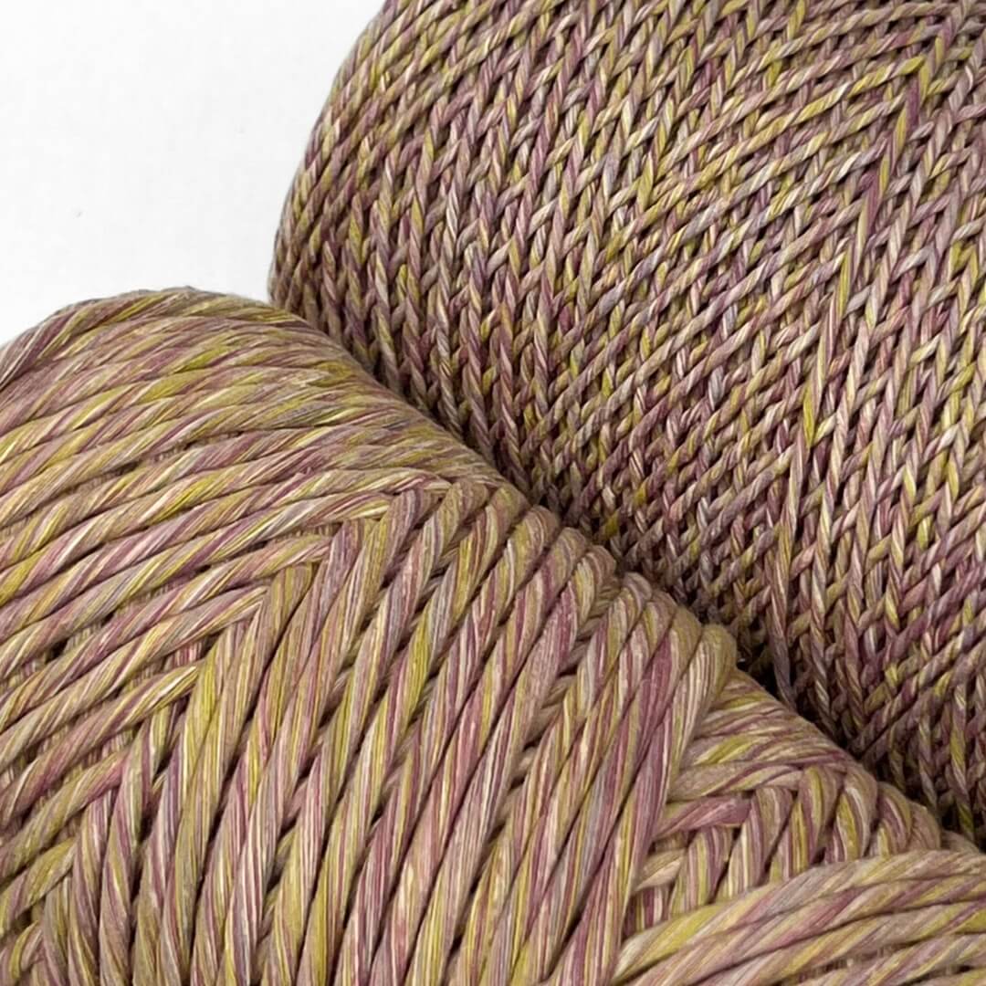 two rolls of mixed cotton string in purple and yellow colour way 1.5 and 4mm options on white background