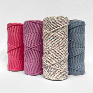 combination photo showing lavender skies confetti cord with mathcing colours in pink purple and blue on white background