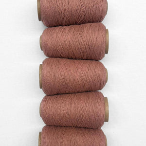 Five rolls of rose tea woolen cord laying next to each other vertically in image on whit background