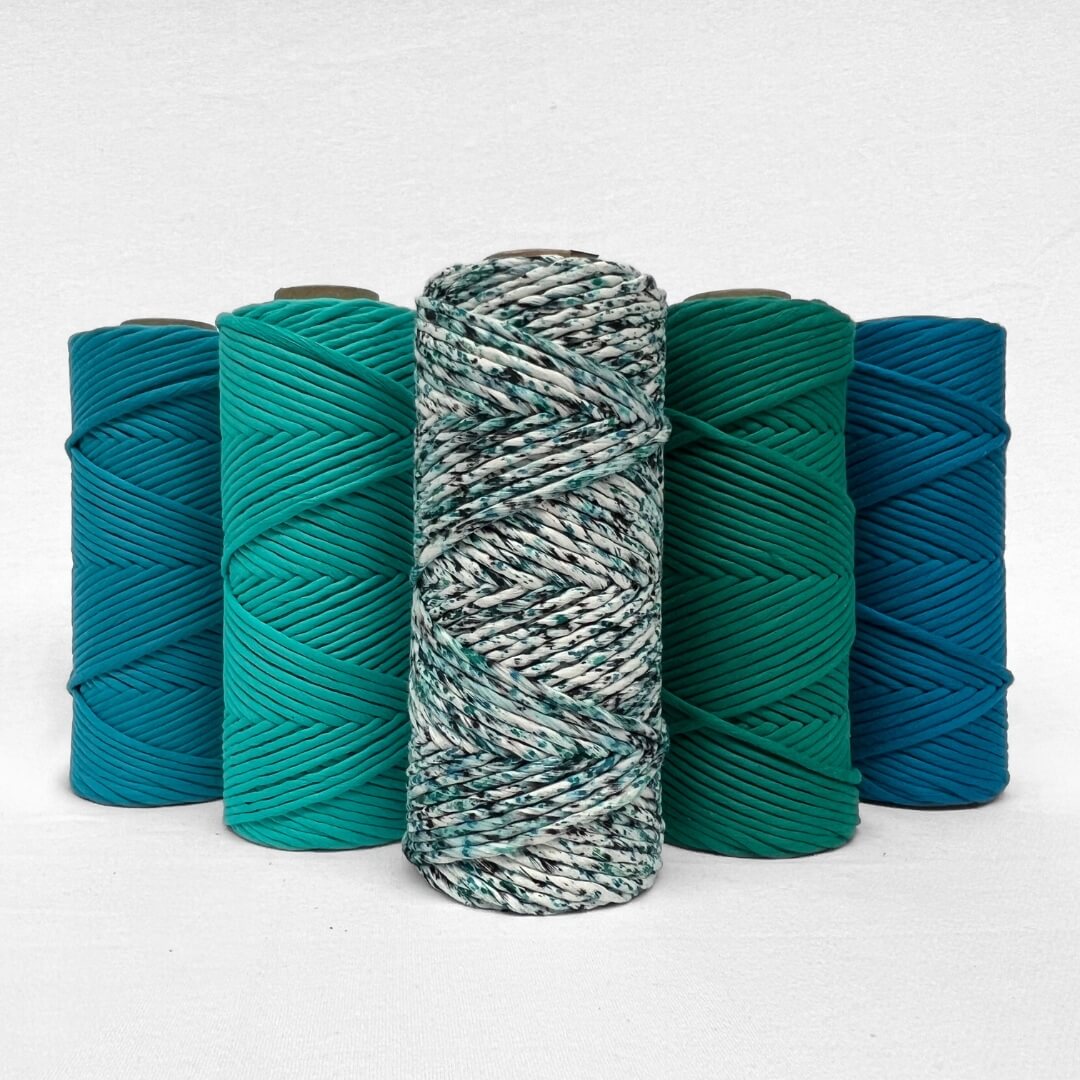 combination image showing aura blue confetti macrame cord and 4 matching bold colours of macrame string