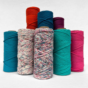 combination image showing harlequin confetti macrame string and its six matching solid colours on white background