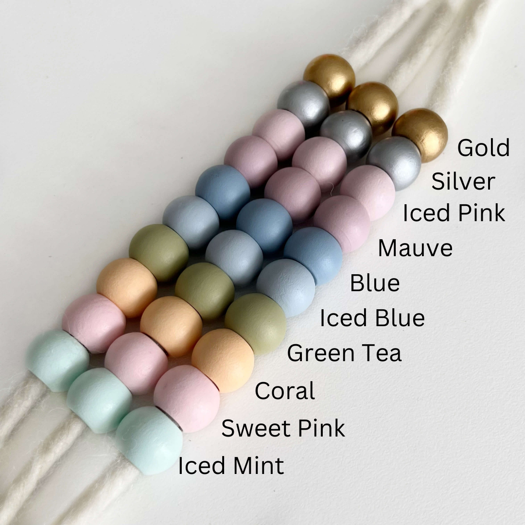 coloured beads laid flat with descriptions to side