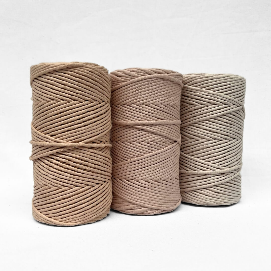 soft stone muted pink brown cotton rolls in 3mm and 5mm showing size difference on white background