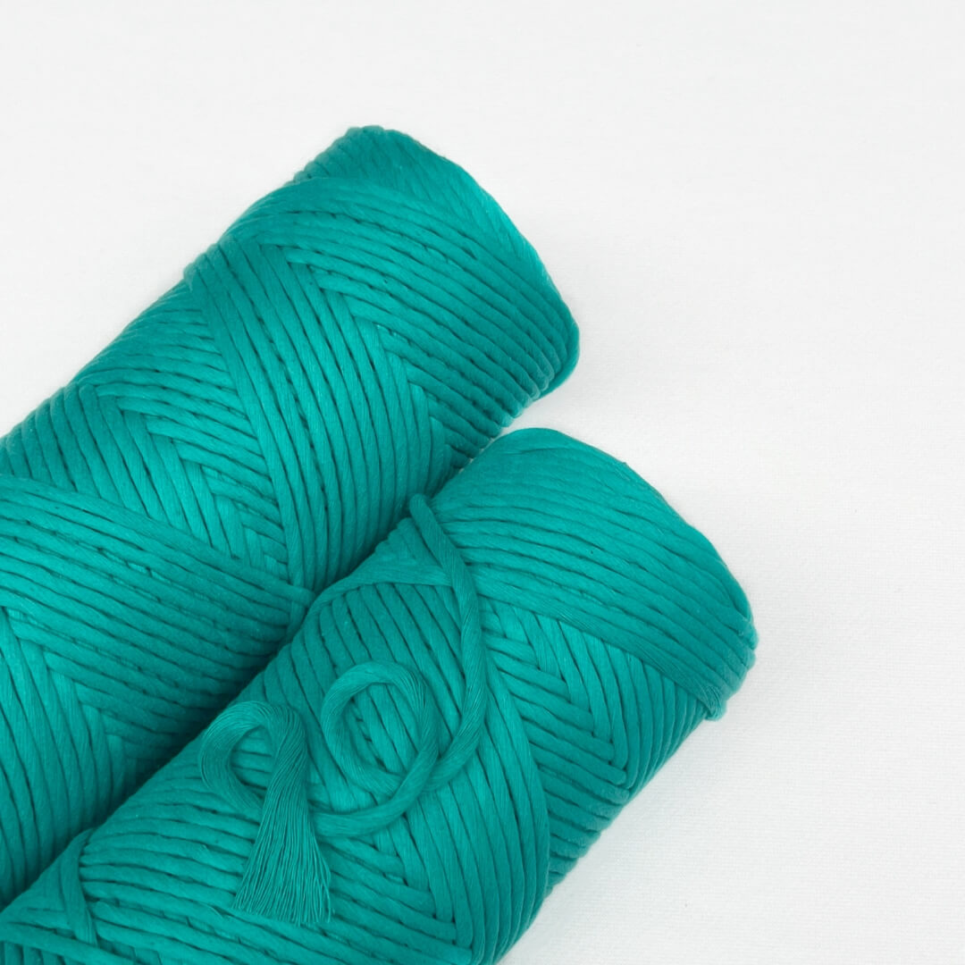 combination image showing two rolls of turquoise macrame cotton cord for diy crafts laying flat on white back drop