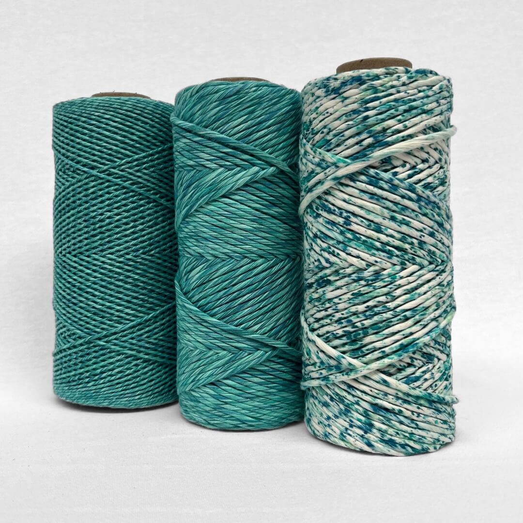 three rolls of blue green amcrame cord in 4mm mixed 1.5mm mixed and confetti