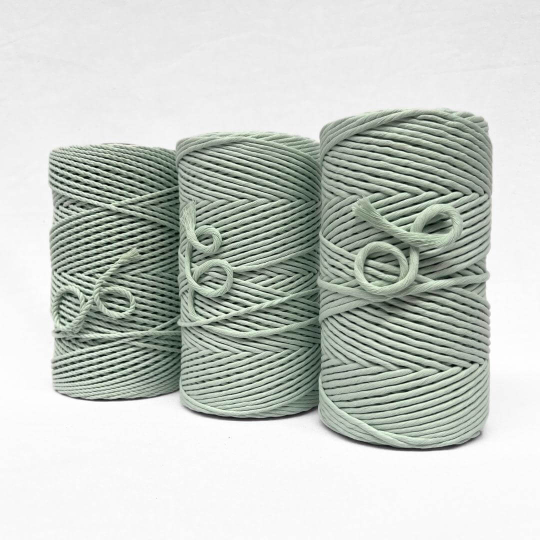 combination photo showing three rolls of peppermint green all in different cord sizes and types on white back ground