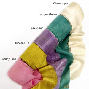 champagne yellow deep juniper green lavender purple tuscan yellow vibrant candy pink silk ribbon group image five colours on white back drop