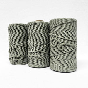 combination image of three rolls of sage cotton cord in three different cord size options on white background