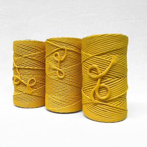 4mm rope 3mm string and 5mm string in sunflower yellow in combination photo with white backdrop