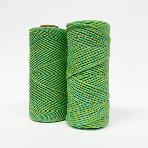 Two rolls of green, yellow and blue mixed macrame string standing up on white background