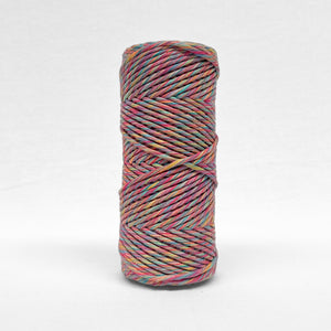 image of a single roll of 4mm mixed cotton cord in harlequin rainbow colour way standing alone on white backdrop