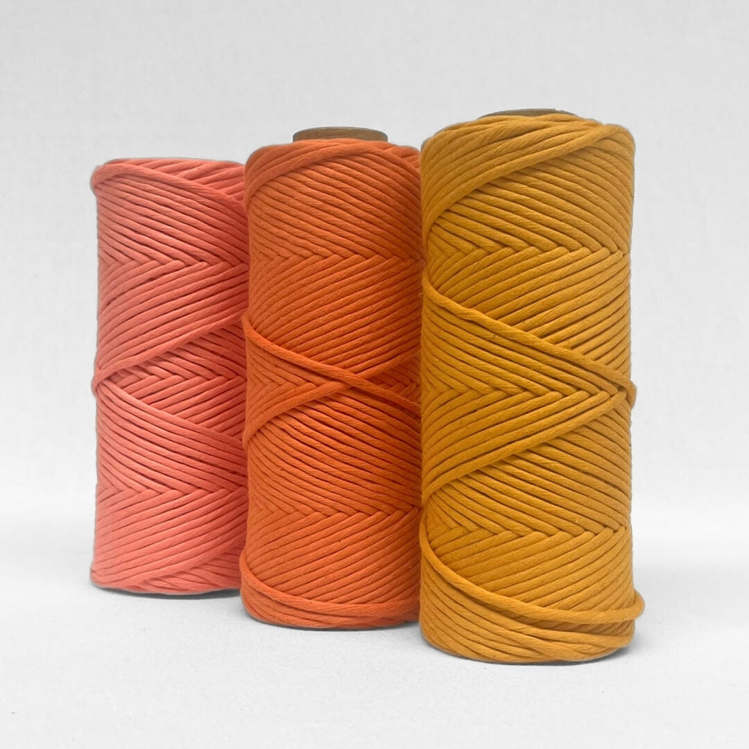 photo showing 4mm string in mellow marigold orange zest and coral crush standing side by side with white background