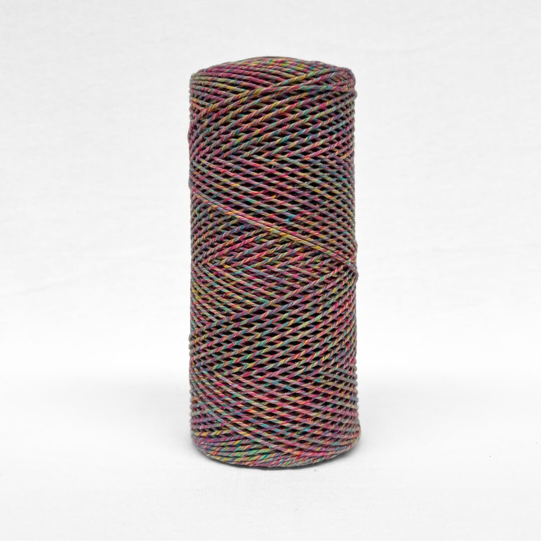 one roll of 1.5mm harlequin multi coloured cotton string standing upright on white wall