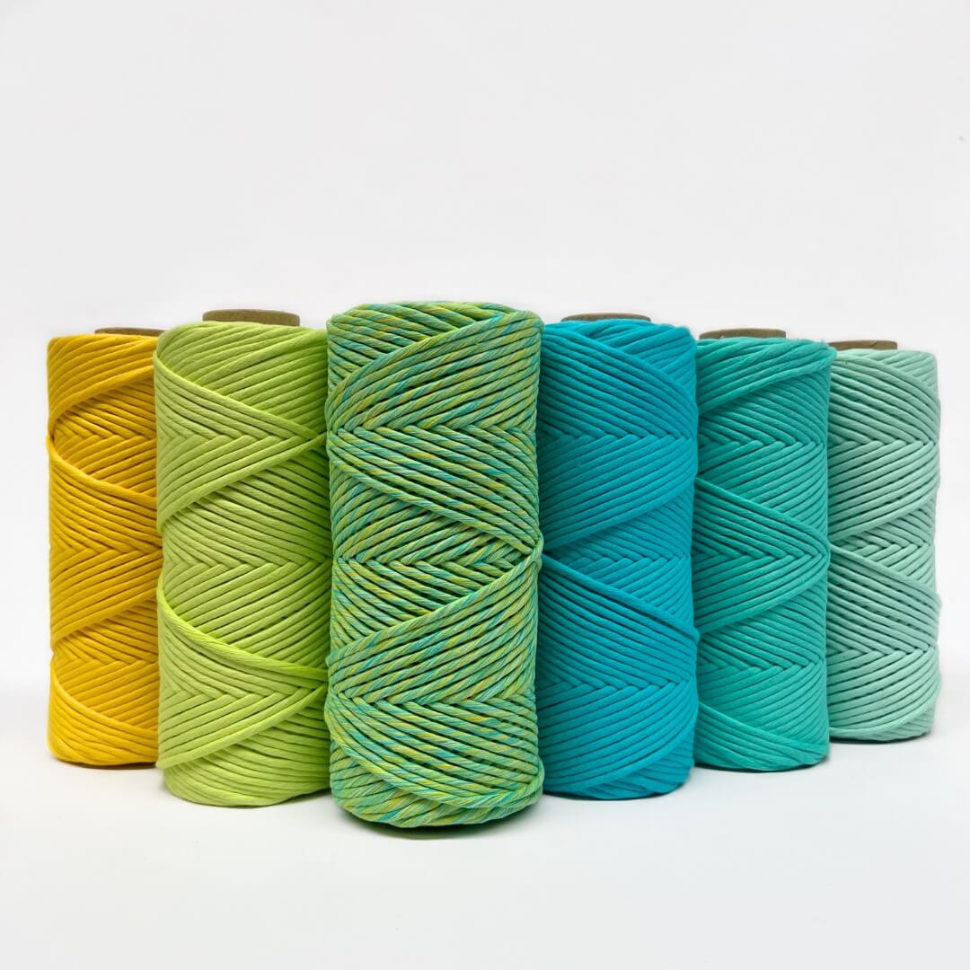 image showing citrus mixed macrame string side by side with matching macrame string colours on white background