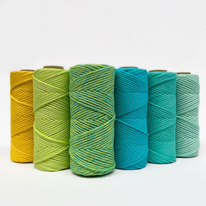 image showing citrus mixed macrame string side by side with matching macrame string colours on white background