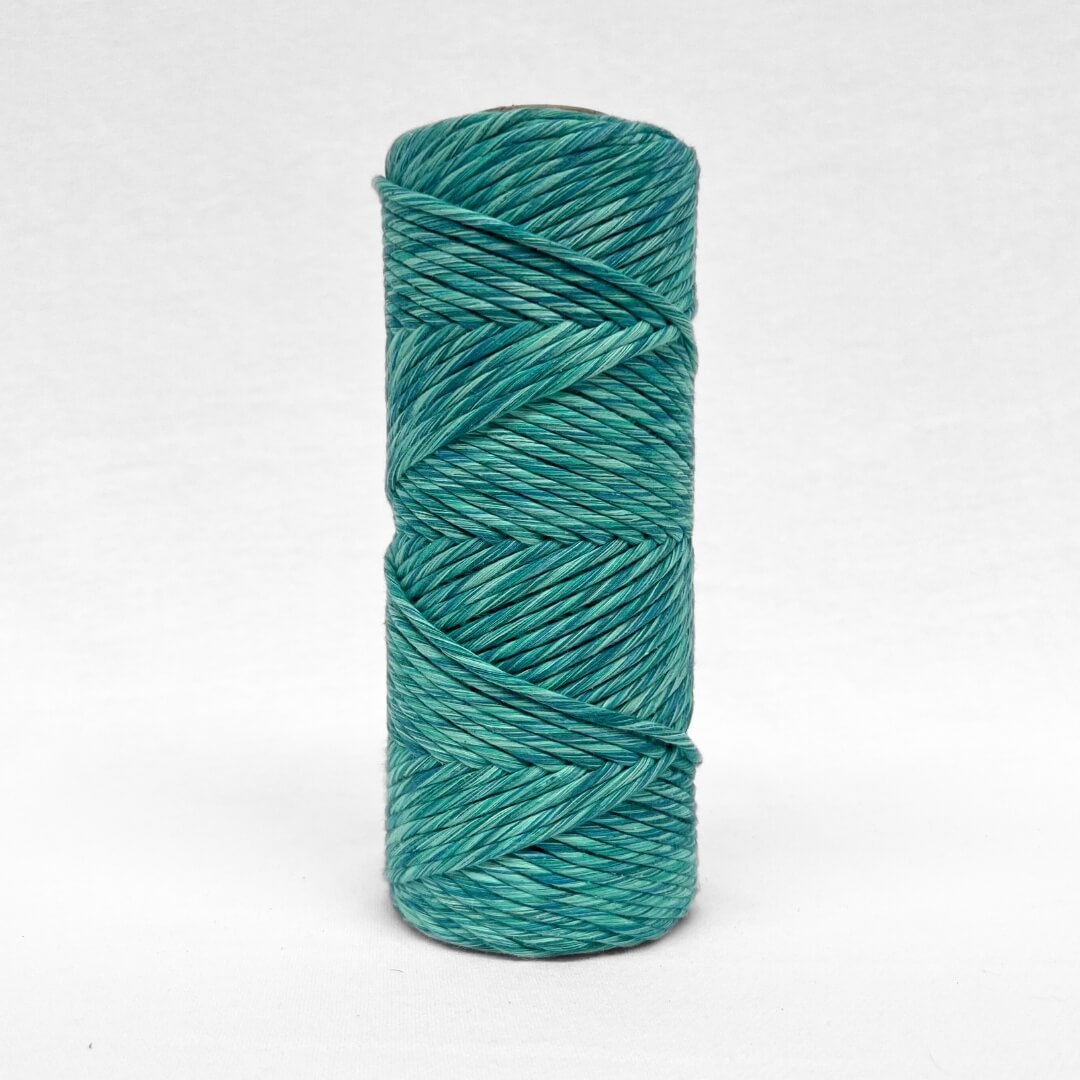 single roll of 4m mixed macrame string in blue and green bright colour way standing on white background 