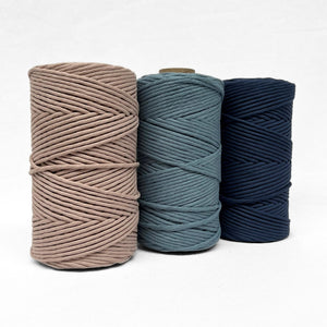 5mm string combination photo showing light brown vintage blue and navy blue cotton rolls of white wall showing colour differences