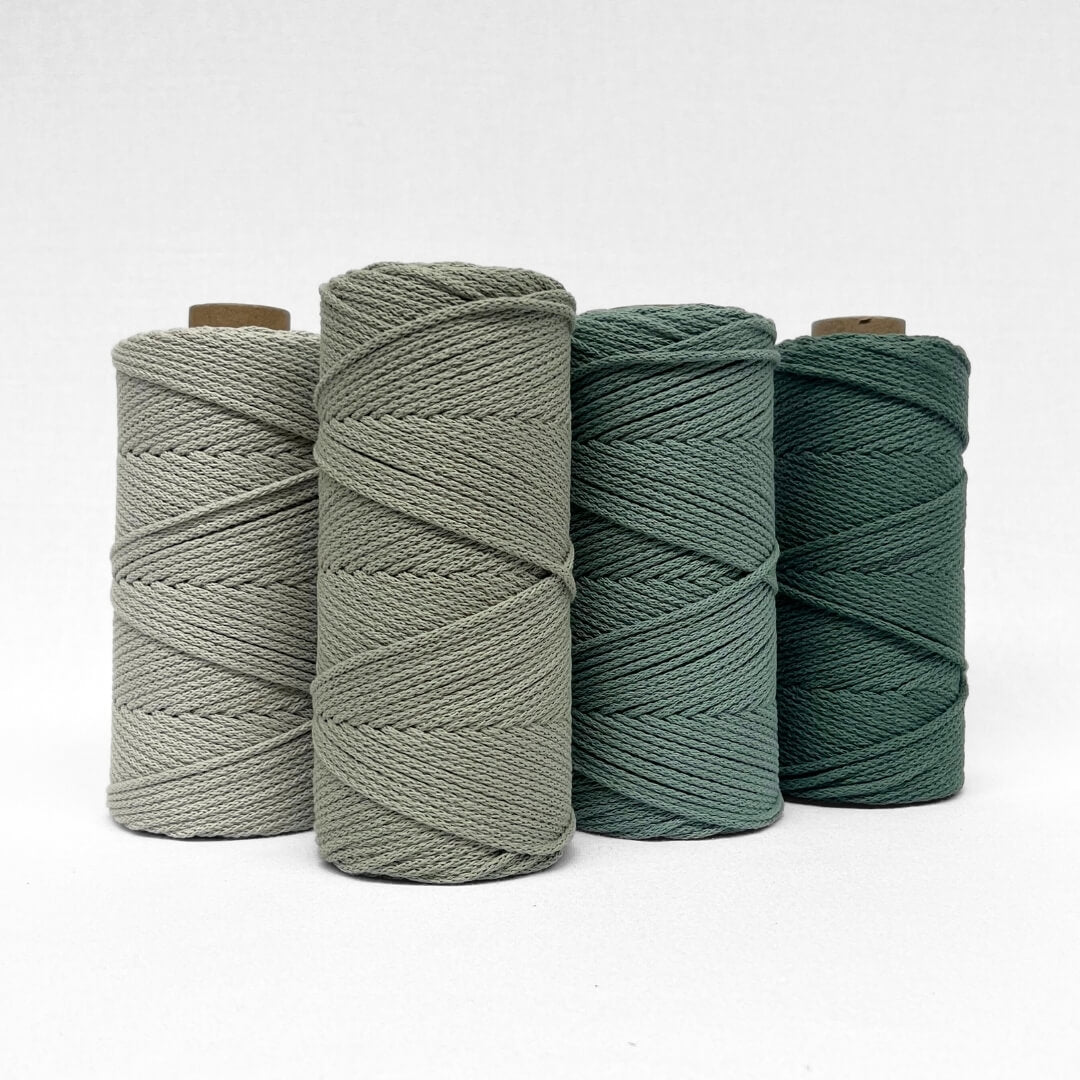 combination photo showing four colourways of braided 4mm cord in mist green sage green eucalyptus green and ivy