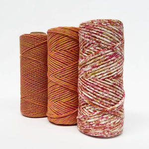 Comparison image showing mixed macrame string in purple and orange colour way with matching confetti cord on white background