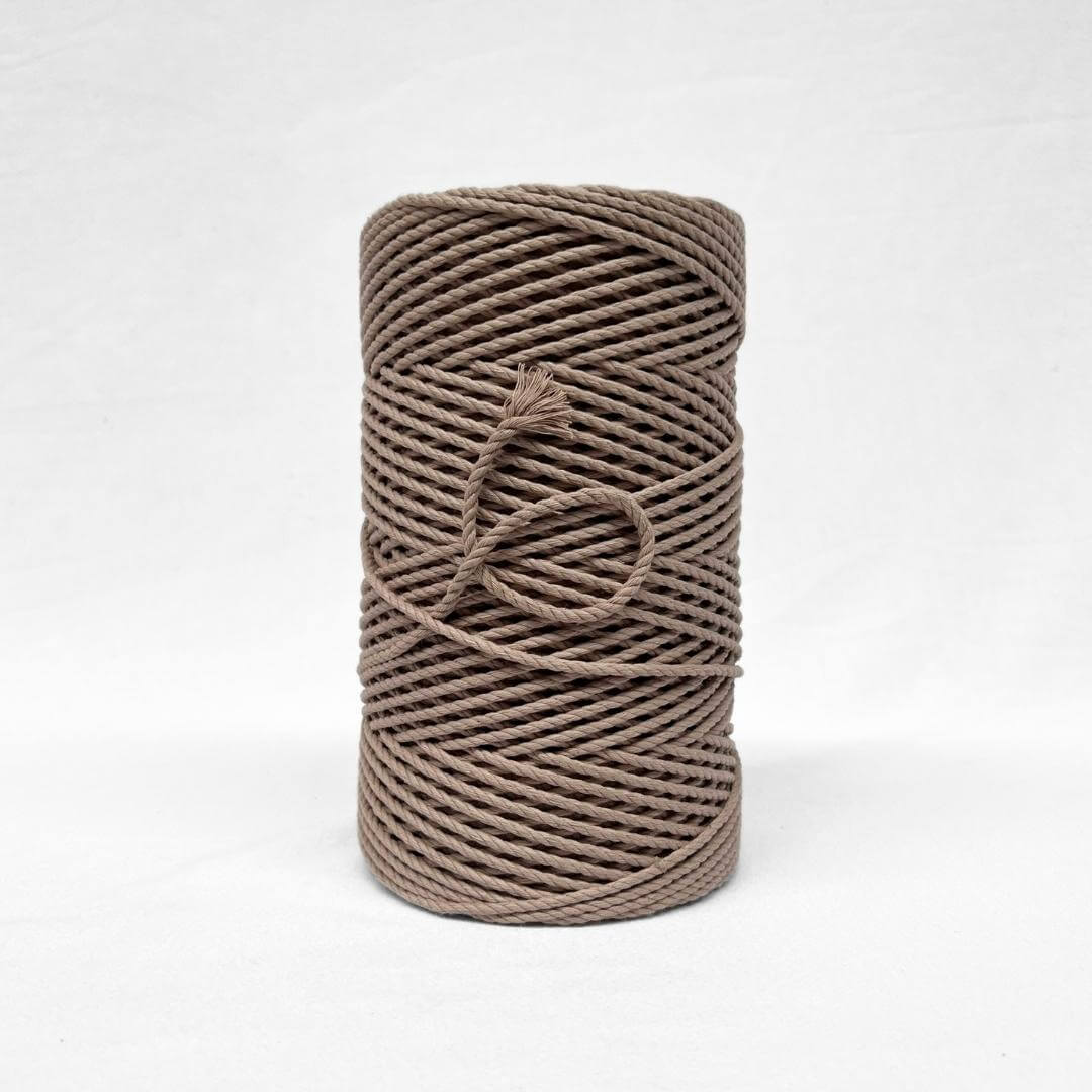 quartz soft brown 4mm rope standing alone on white background with small brushed out piece showing cotton softness