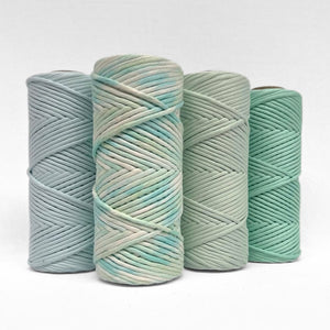 blue frost ocean spray mint and spring green macrame string on white background 