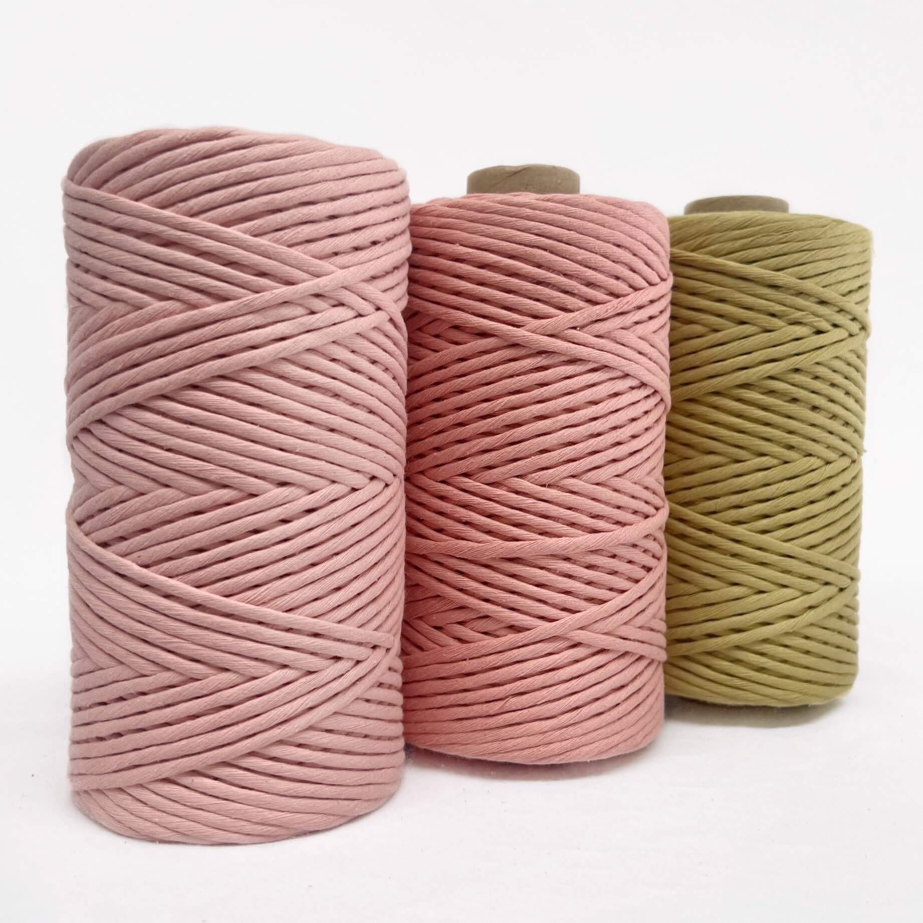 coral pink blossom vintage gold macrame cotton cord combination photo three rolls on white backdrop